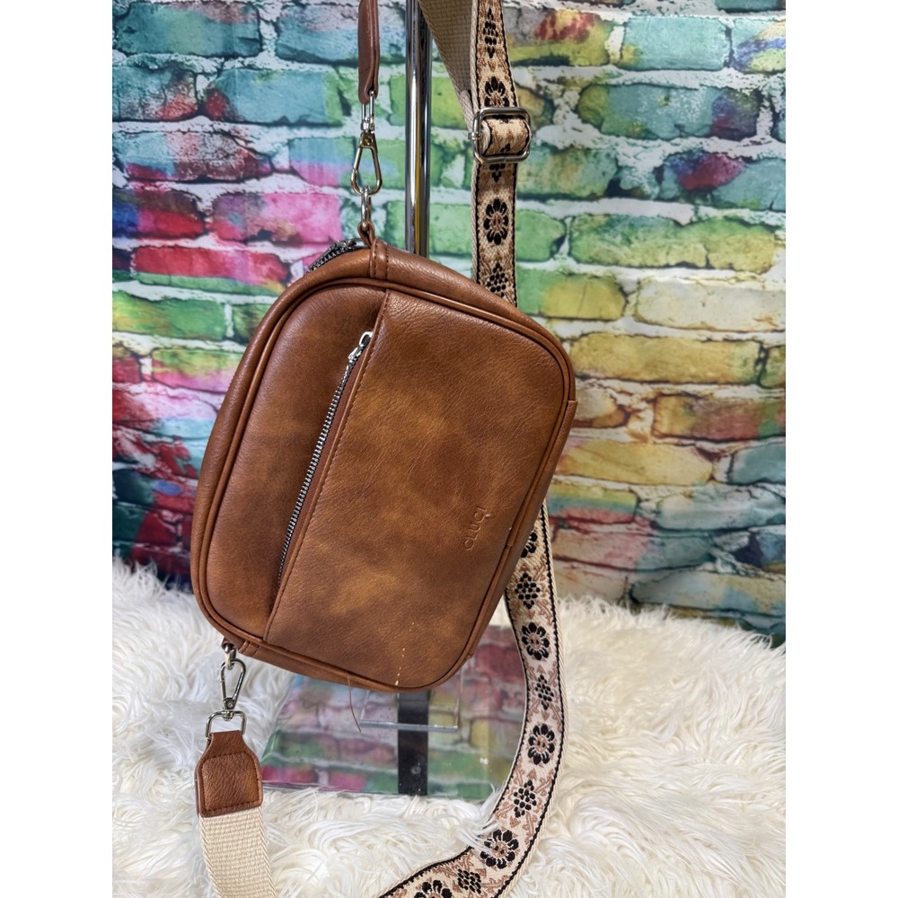 CLUCI Brown Vegan Leather Crossbody Sling Bag with Floral Guitar Strap